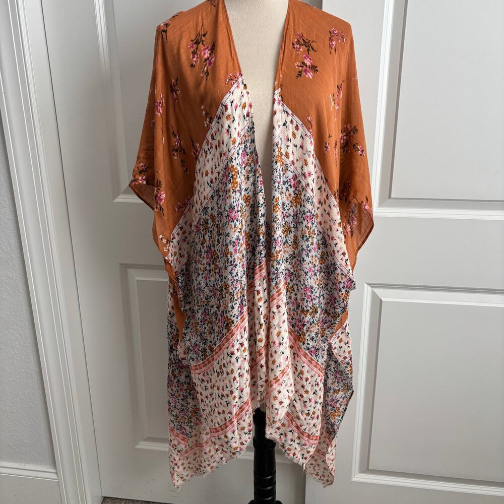 American Eagle Floral Kimono Wrap One Size Boho Festival Draped Cardigan Rust
